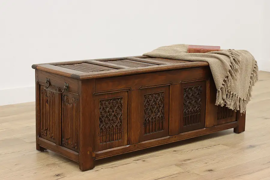 Main image of Gothic Design Antique Carved Oak Blanket Chest Trunk, Arches