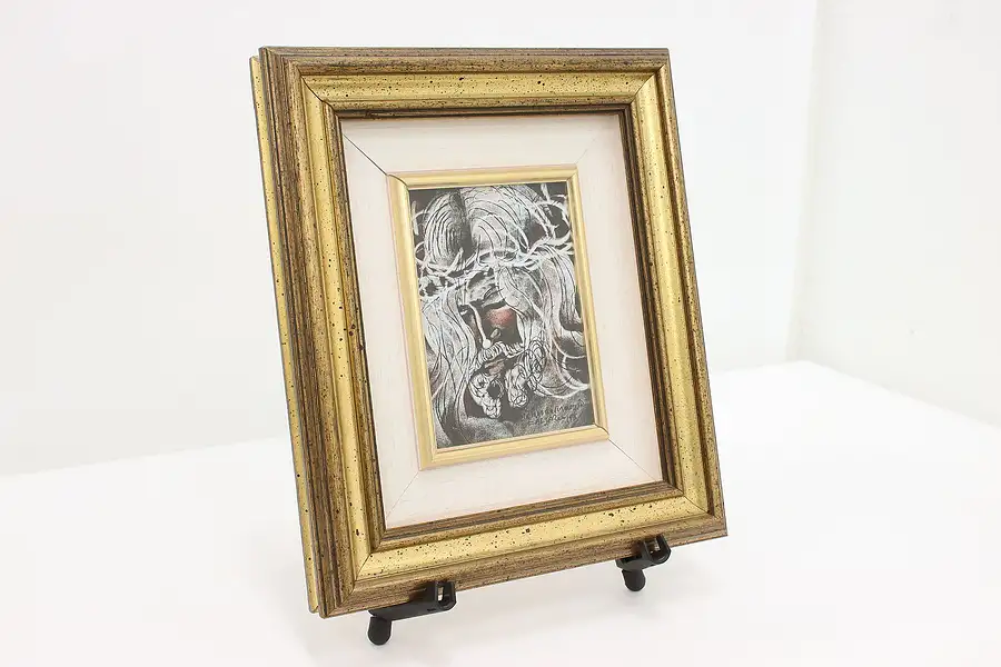 Main image of Christ with Crown Vintage Lithograph Print Signed 14"