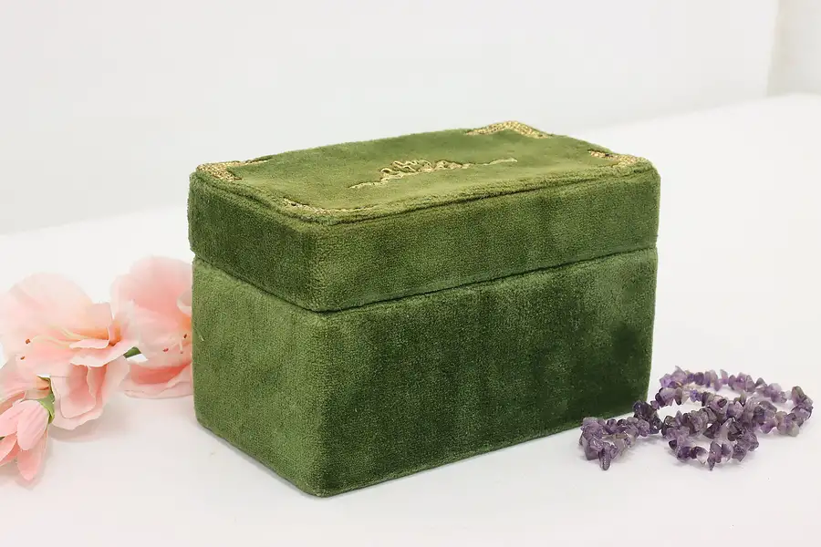 Main image of Victorian Antique Green Velvet Trinket Jewelry Box, Flowers