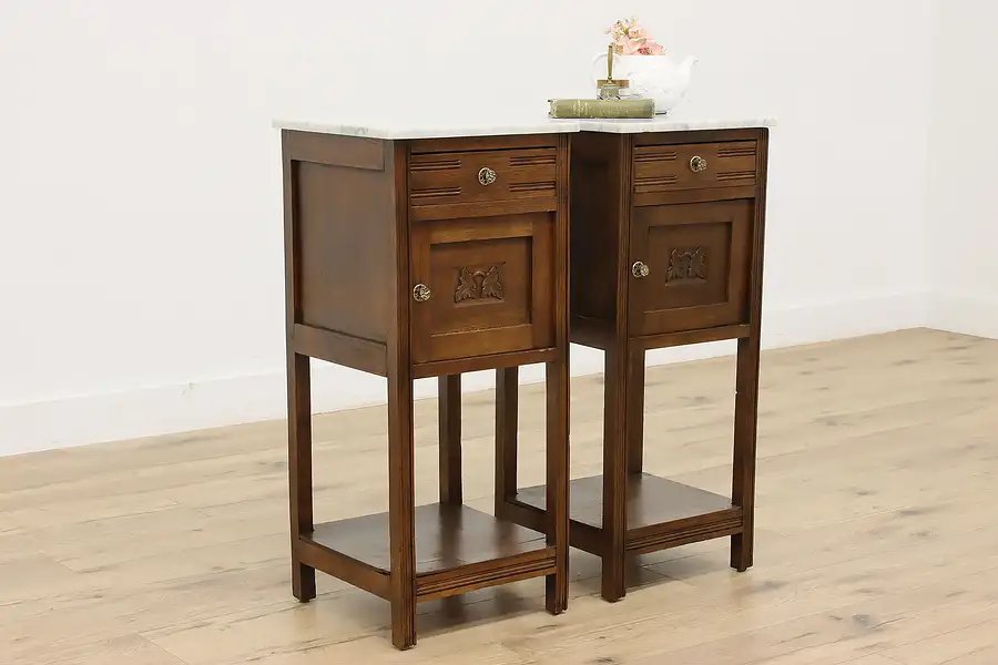 Main image of Pair of French Design Antique Carved Oak & Marble End Tables