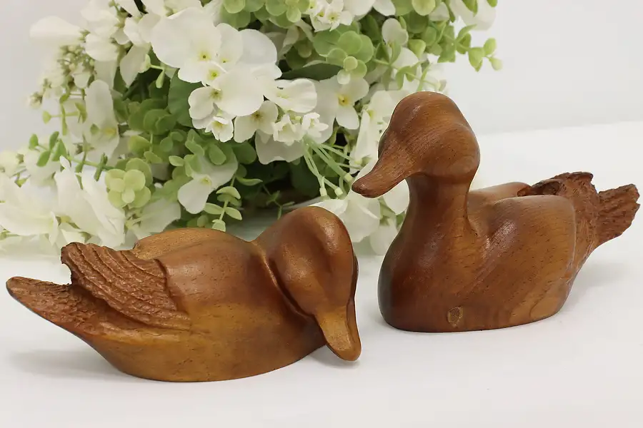 Main image of Pair of Antique Farmhouse Carved Pine Duck Sculptures