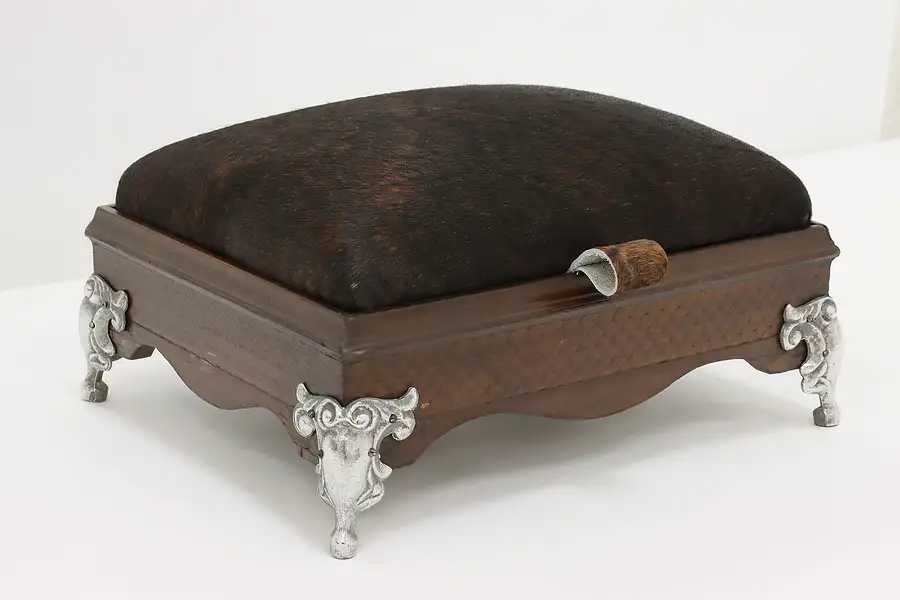 Main image of Traditional Vintage Walnut & Cow Hide Footstool w/ Storage