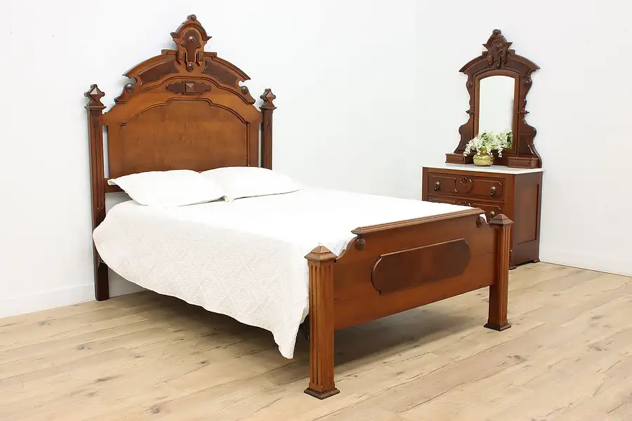 Main image of Victorian Carved Walnut 2 Pc Antique Bedroom Set, Queen Bed