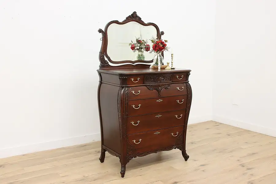 Main image of Art Nouveau Antique Carved Mahogany Dresser or Chest, Mirror