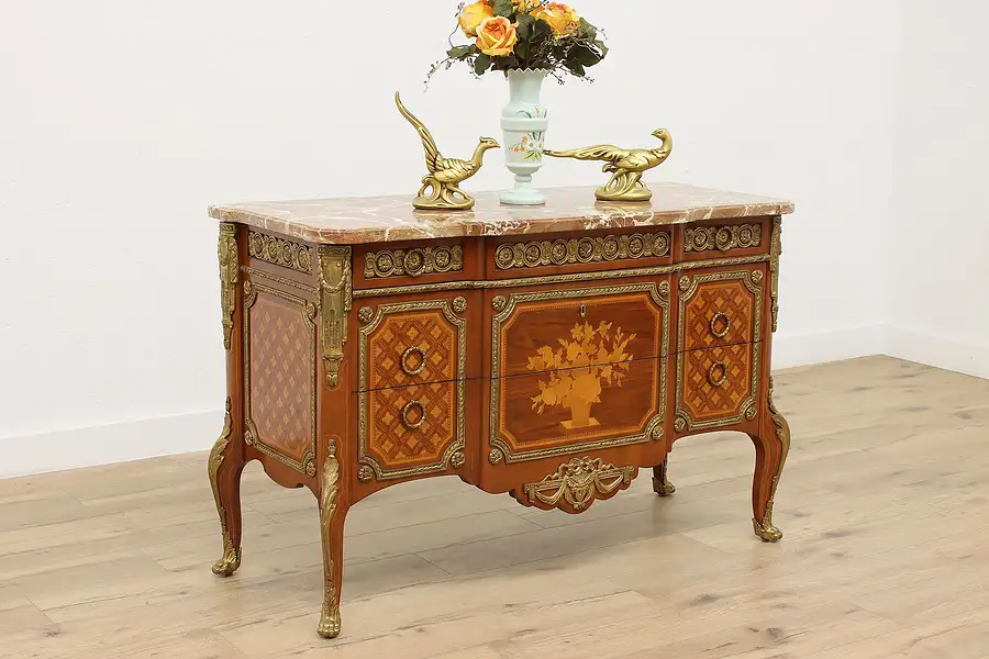 Main image of Spanish Vintage Marble Top & Marquetry Dresser or Console