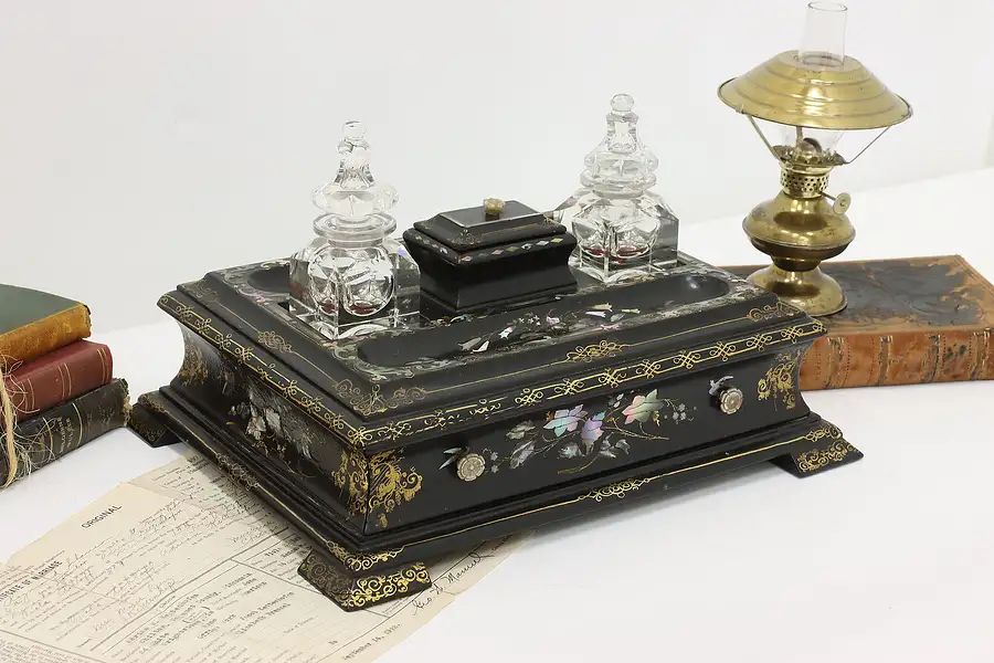 Main image of Victorian Antique Papier Mâché Abalone Writing Box, Inkwells