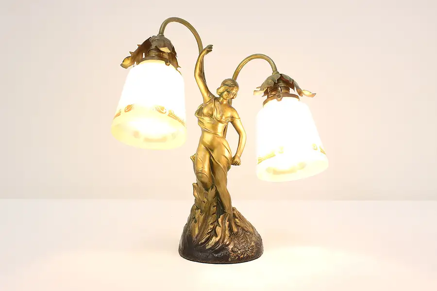 Main image of Art Nouveau Antique Graceful Woman Lamp, Painted Shades