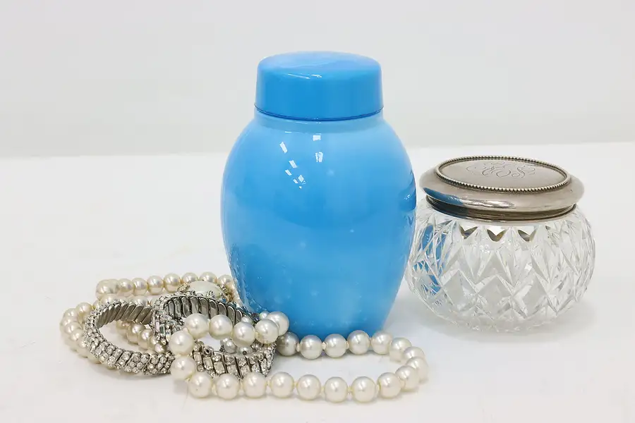 Main image of Blue Milk Glass Vintage Boudoir or Dresser Jar