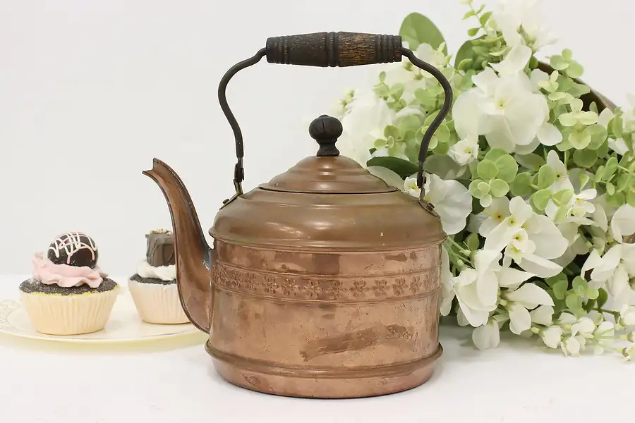 Main image of Farmhouse Antique Copper Tea Pot or Kettle, Flowers