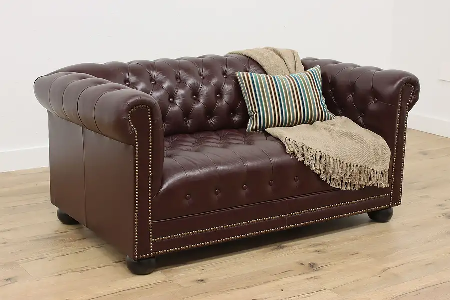 Main image of Chesterfield Vintage Burgundy Leather Loveseat, High Point