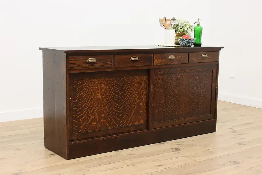 Main image of Farmhouse Antique Oak Kitchen Counter Bar Cabinet TV Console