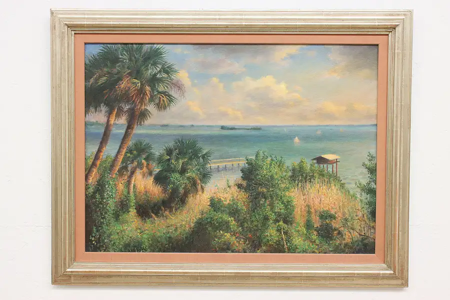 Main image of Florida Beach Vintage Original Oil Painting Sadler 44"