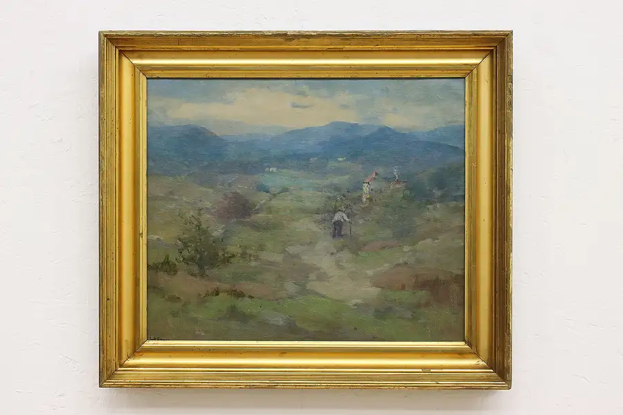 Main image of Mountain Farm Antique Original Oil Painting, Signed 23.5"