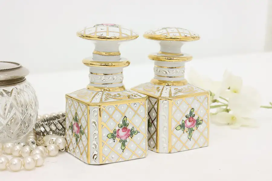 Main image of Pair of French Vintage Painted Ceramic Boudoir Bottles