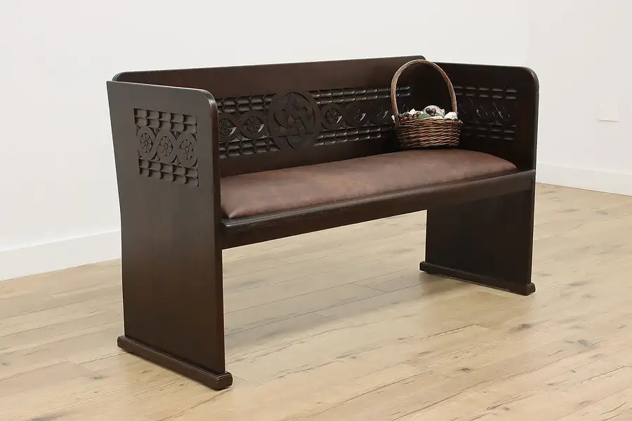 Main image of French Carved Oak Antique Hall Bench or Pew, Leather Seat