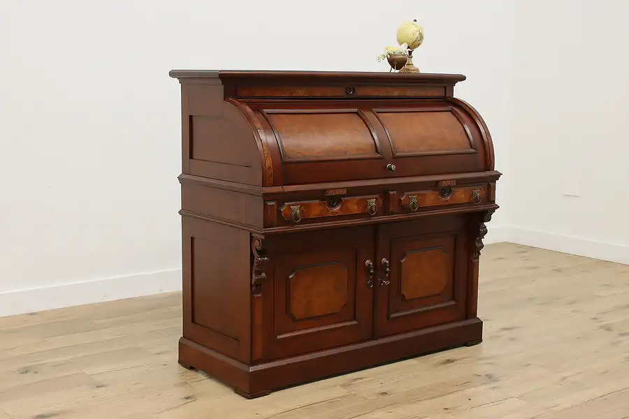 Main image of Victorian Eastlake Antique Walnut Burl Roll Top Library Desk