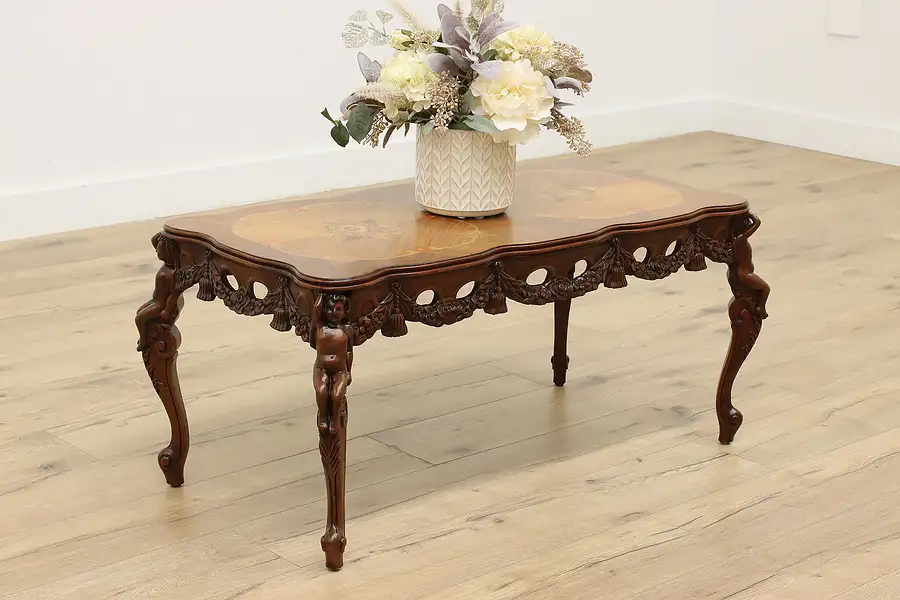 Main image of French Design Vintage Coffee Table, Marquetry, Cherubs