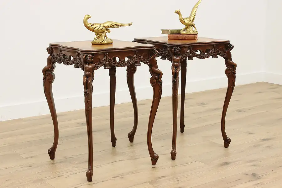 Main image of Pair of French Design Vintage End Tables, Marquetry, Cherubs