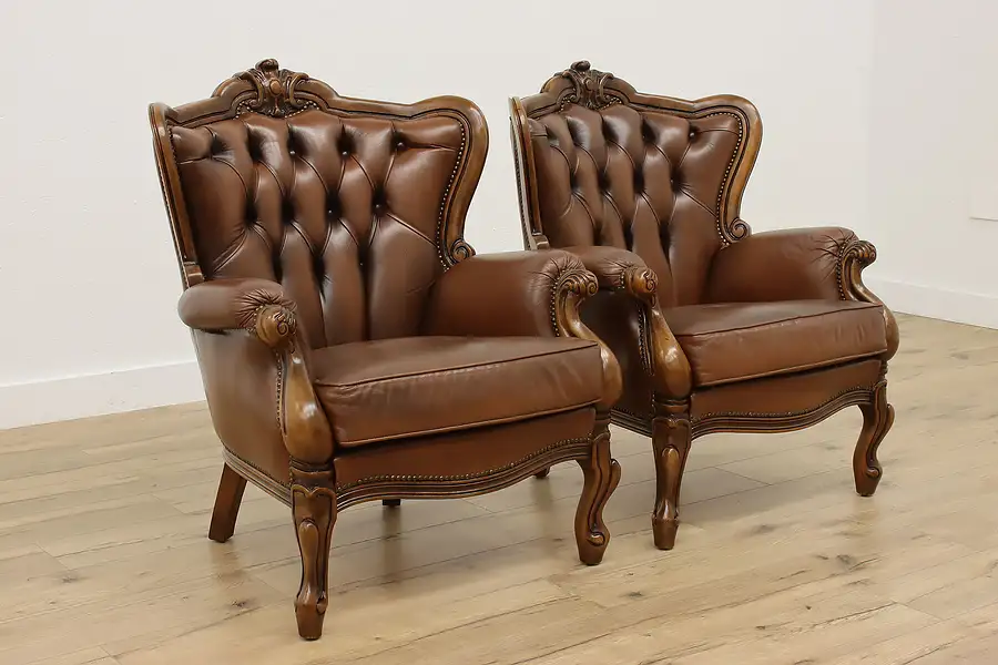 Main image of Pair of Rococo Design Vintage Carved & Leather Chairs, D.B.F