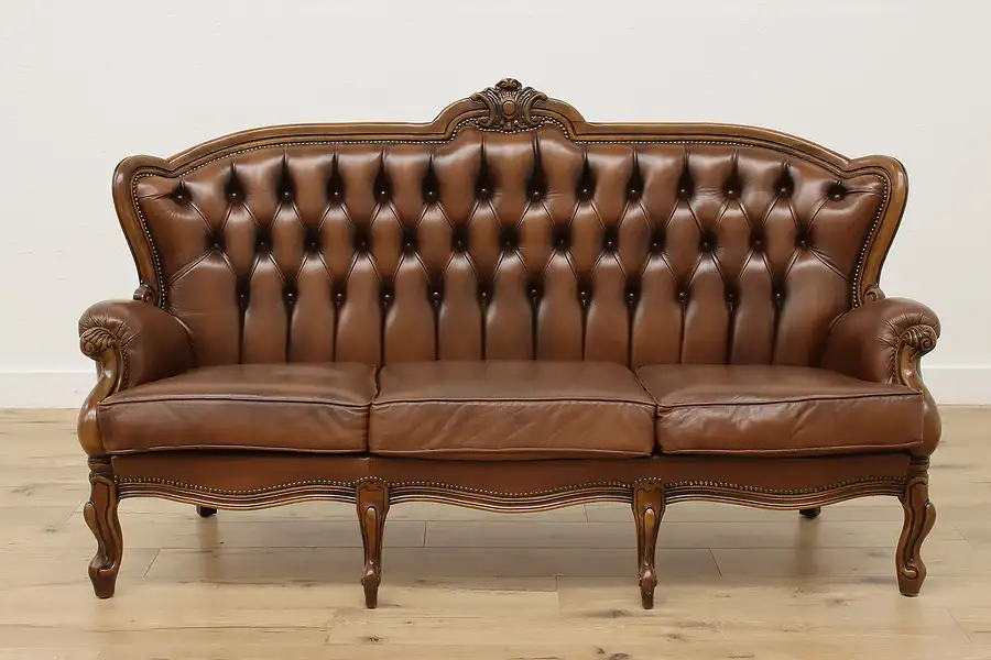 Main image of Rococo Design Vintage Carved Birch & Leather Sofa, D.B.F