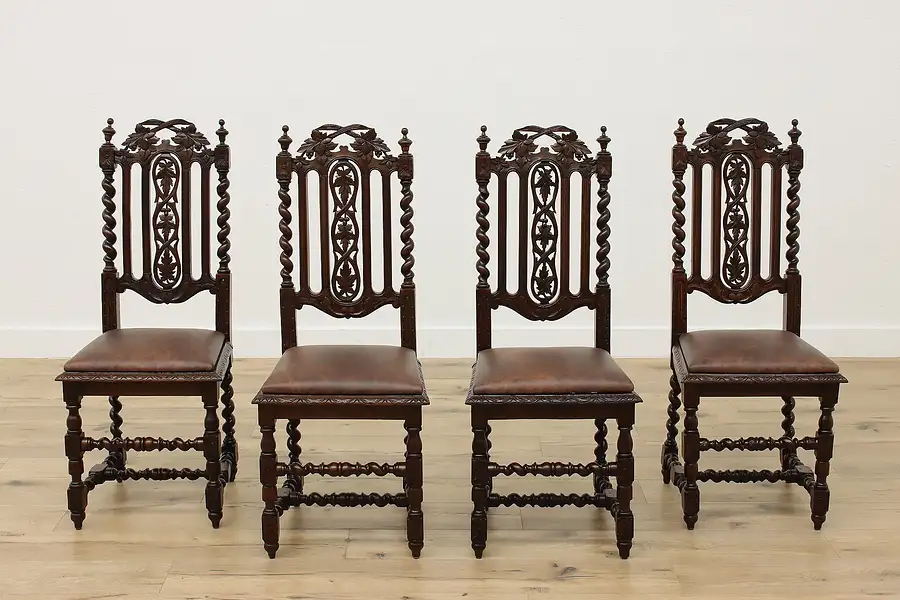 Main image of Set of 4 Black Forest Antique Carved Oak Chairs, Leather