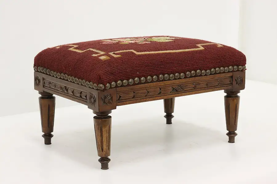 Main image of French Design Vintage Carved Birch & Needlepoint Footstool