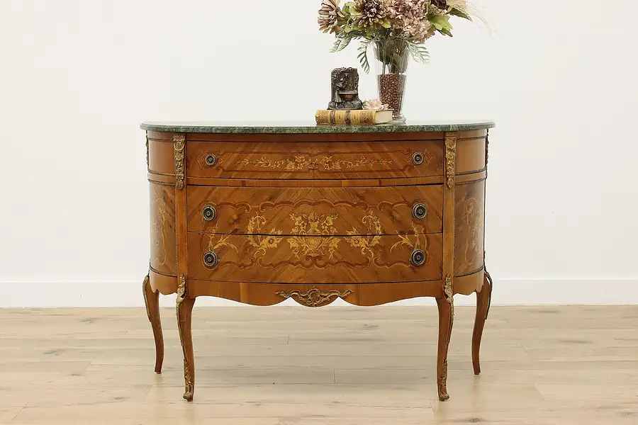 Main image of French Vintage Walnut & Marble Demilune, Chest, or Console