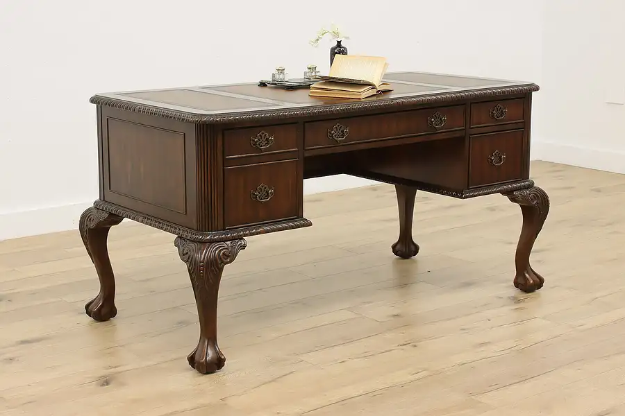 Main image of Georgian Design Mahogany Office Desk, Leather Top, Meridian