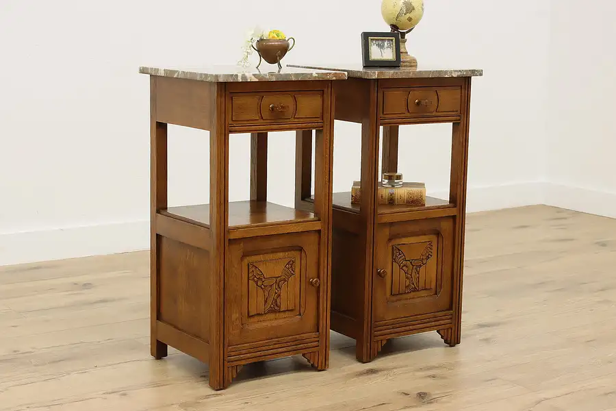 Main image of Pair of Antique Oak & Marble Nightstands End Tables Bakelite