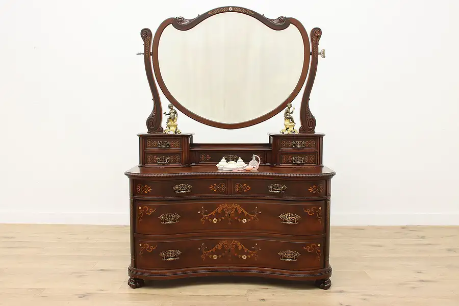 Main image of Victorian Antique Mahogany Dresser or Chest w/ Mirror, Pearl