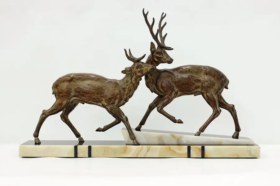 Main image of Art Deco Antique Pair of Stags Sculpture, Marble, Signed