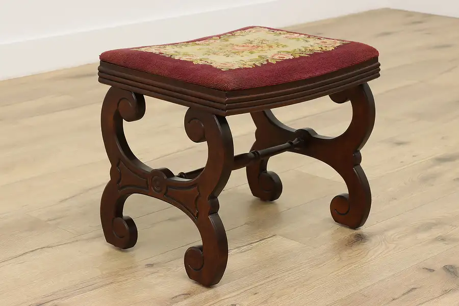 Main image of Tudor Design Vintage Carved Birch & Needlepoint Footstool