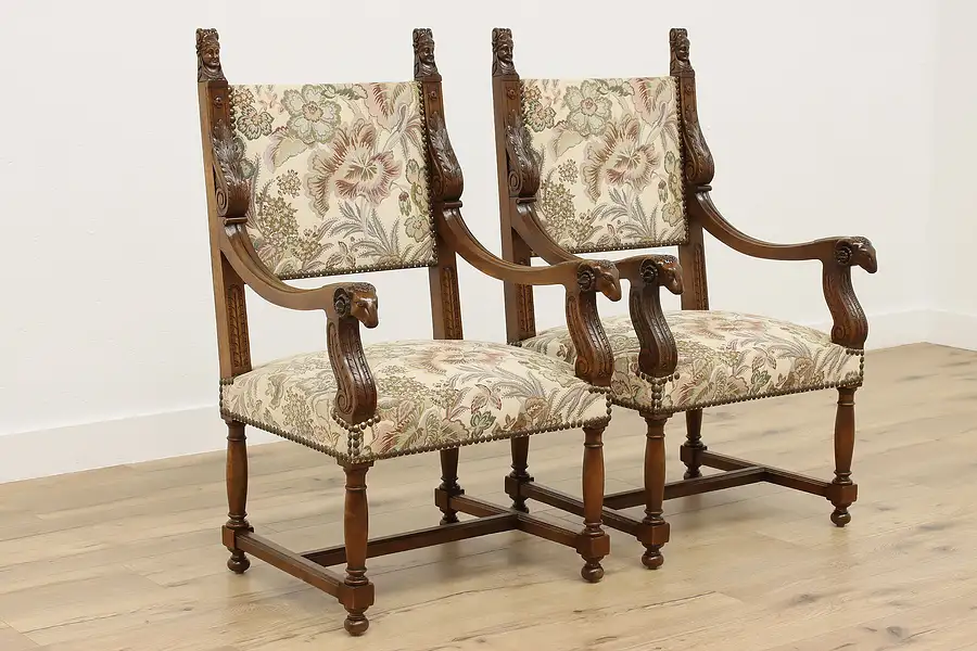 Main image of Pair of Renaissance Design Antique Chairs, Carved Ram Heads