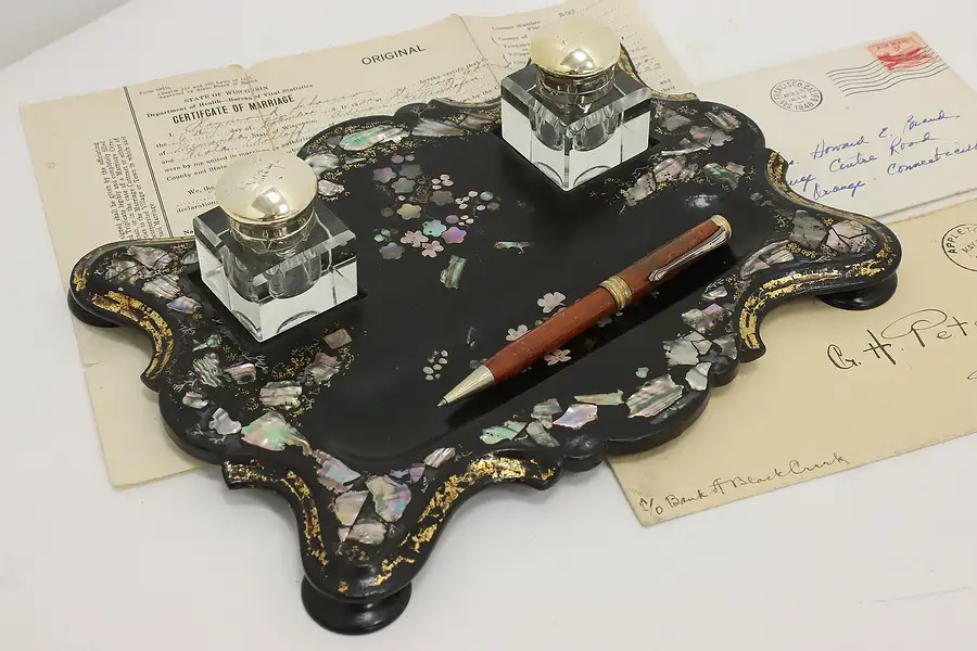 Main image of Victorian Antique Papier Mâché & Abalone Double Inkwell