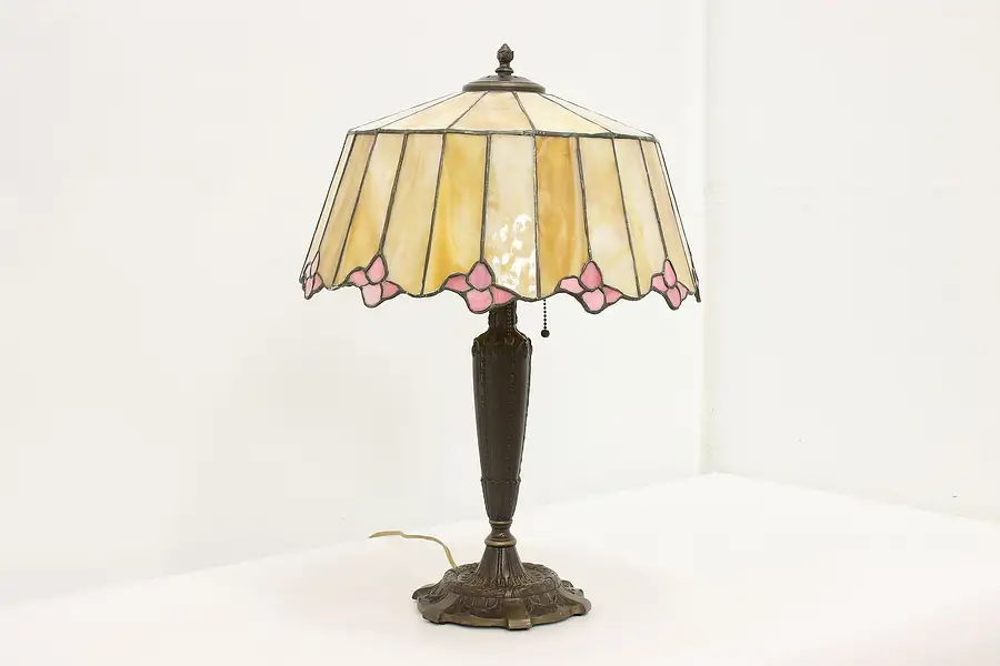 Main image of Victorian Antique Stained Glass Office Library Lamp, Flowers