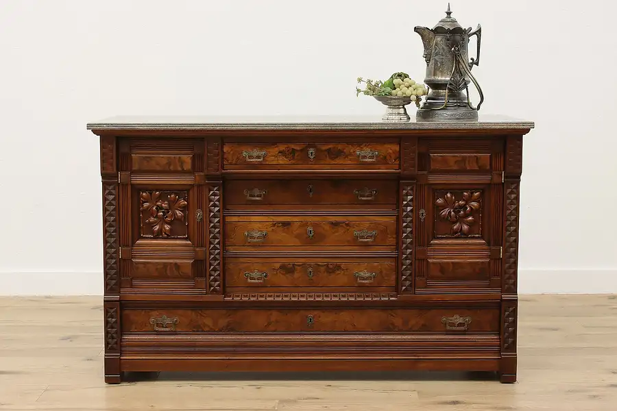 Main image of Victorian Eastlake Antique Sideboard Bar TV Console, Marble