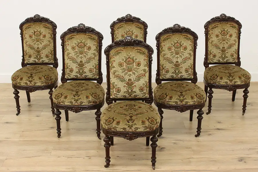 Main image of Set of 6 Antique Victorian Upholstered Oak Dining Chairs