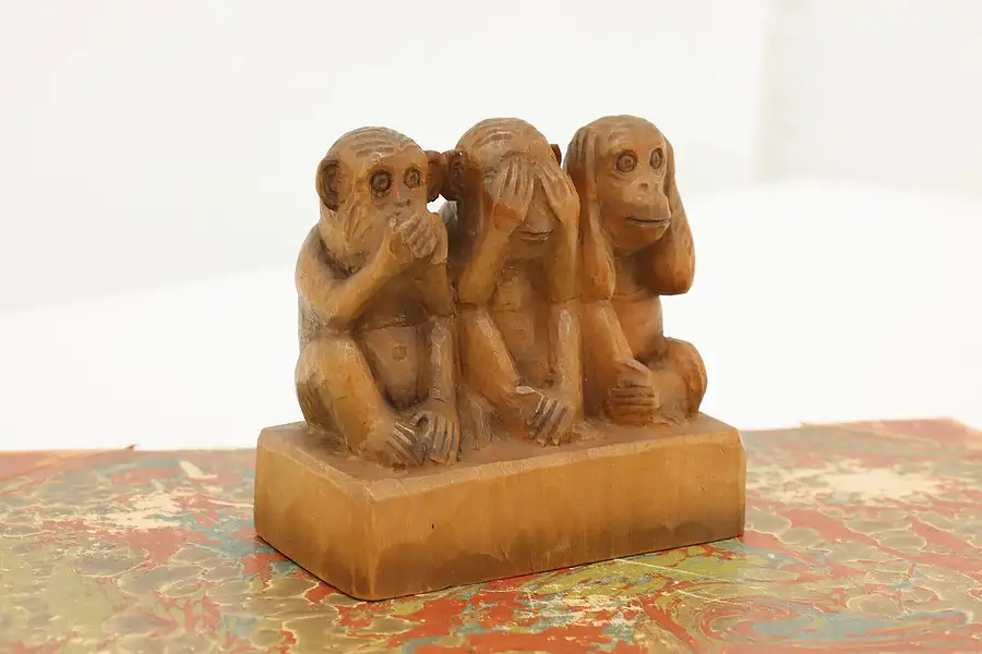 Main image of Three Wise Monkeys Vintage Hand Carved Wood Sculpture