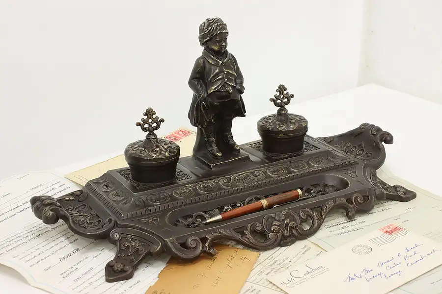 Main image of Victorian Antique Bronze Double Inkwell, Boy Sculpture