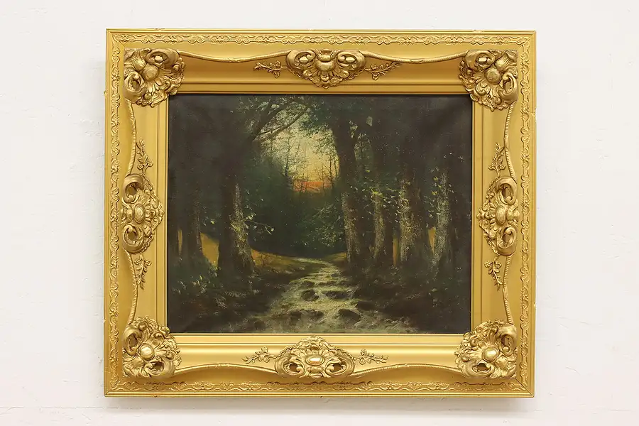 Main image of Forest Creek at Sunset Antique Original Oil Painting 27.5"