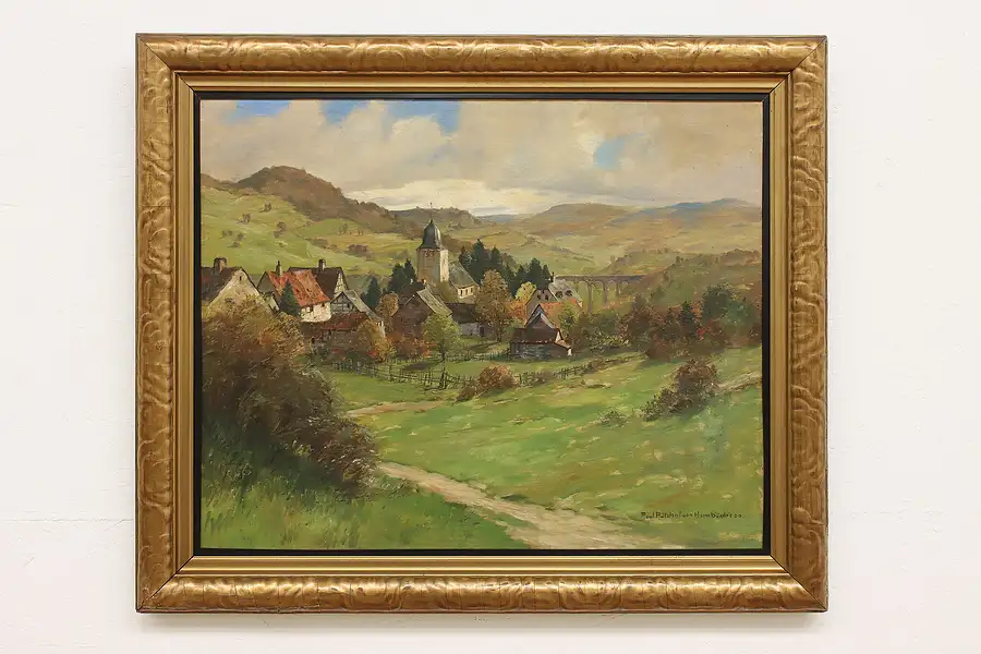 Main image of German Village Antique Original Oil Painting Hambüchen 38.5"