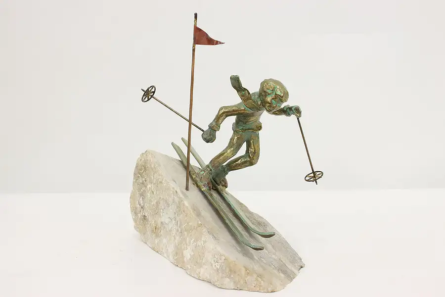 Main image of Patinated Brass Skier Vintage Sculpture on Rock Base