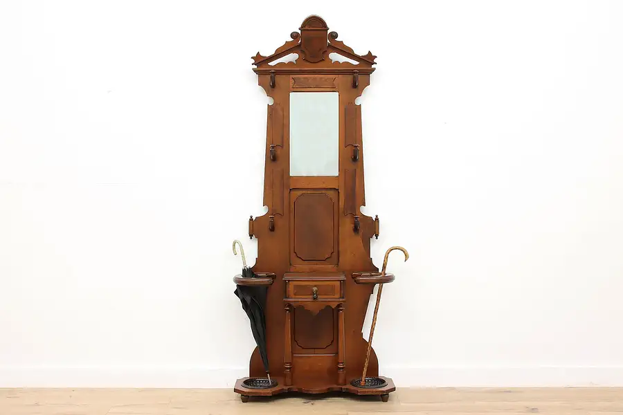 Main image of Victorian Antique Carved Walnut Hall Tree or Stand, Mirror