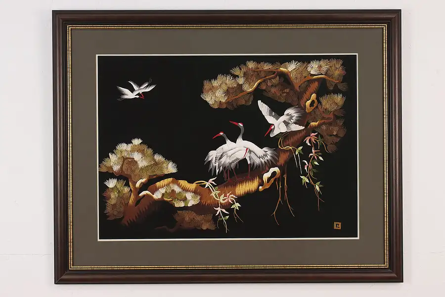 Main image of Red Crowned Cranes Vintage Framed Chinese Silk Embroidery