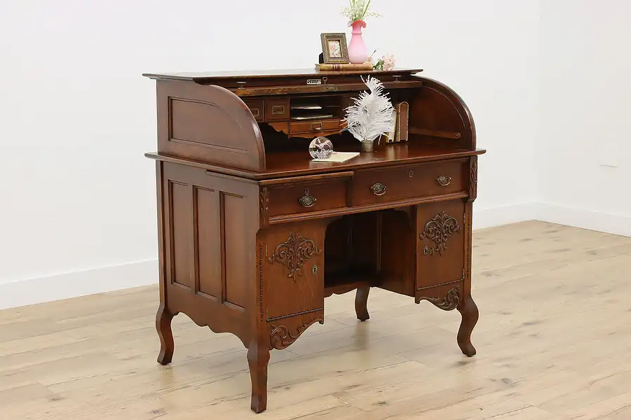 Main image of Victorian Antique Oak Roll Top Office or Library Desk, Macey