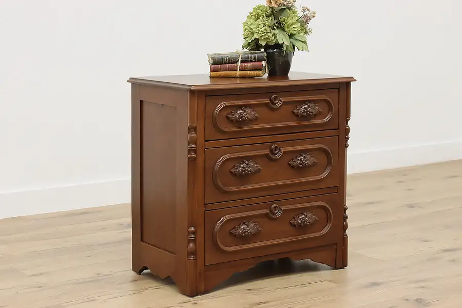 Main image of Victorian Antique Walnut Chest or Nightstand, Grape Pulls