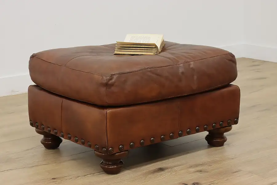 Main image of Traditional Vintage Brown Leather Ottoman Footstool or Bench