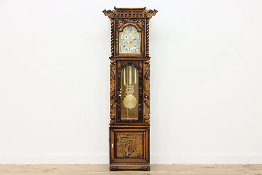 Main image of Chinese Vintage Carved Teak Tall Case Grandfather Clock