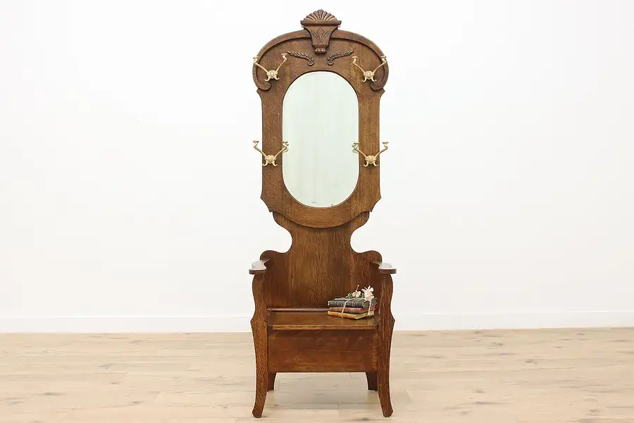 Main image of Victorian Antique Carved Oak Hall Stand, Seat Storage Mirror