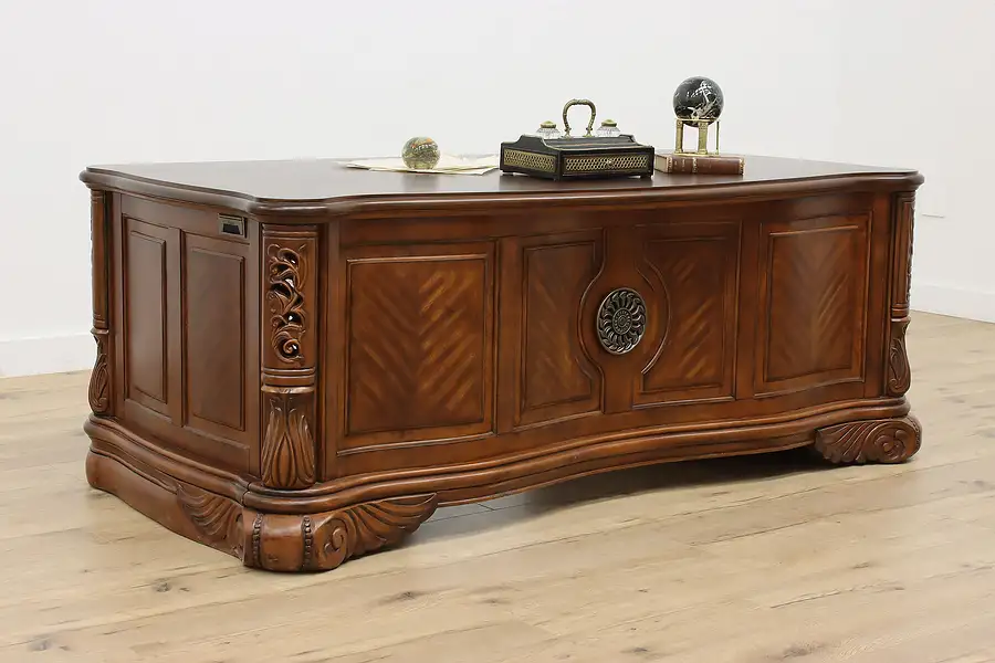 Main image of Carved Mahogany Vintage Office Library Desk, Mirrors, Amini